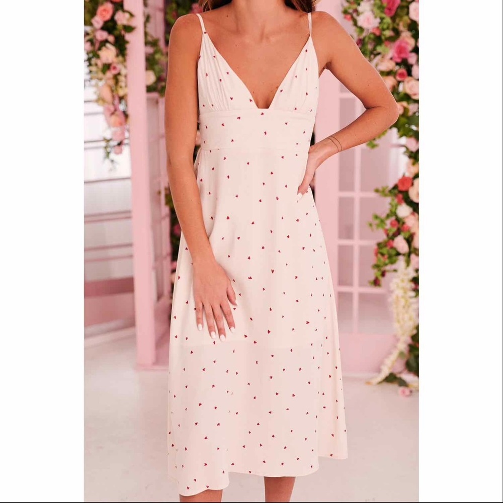 Ivory Heart Print Plunging Midi Dress